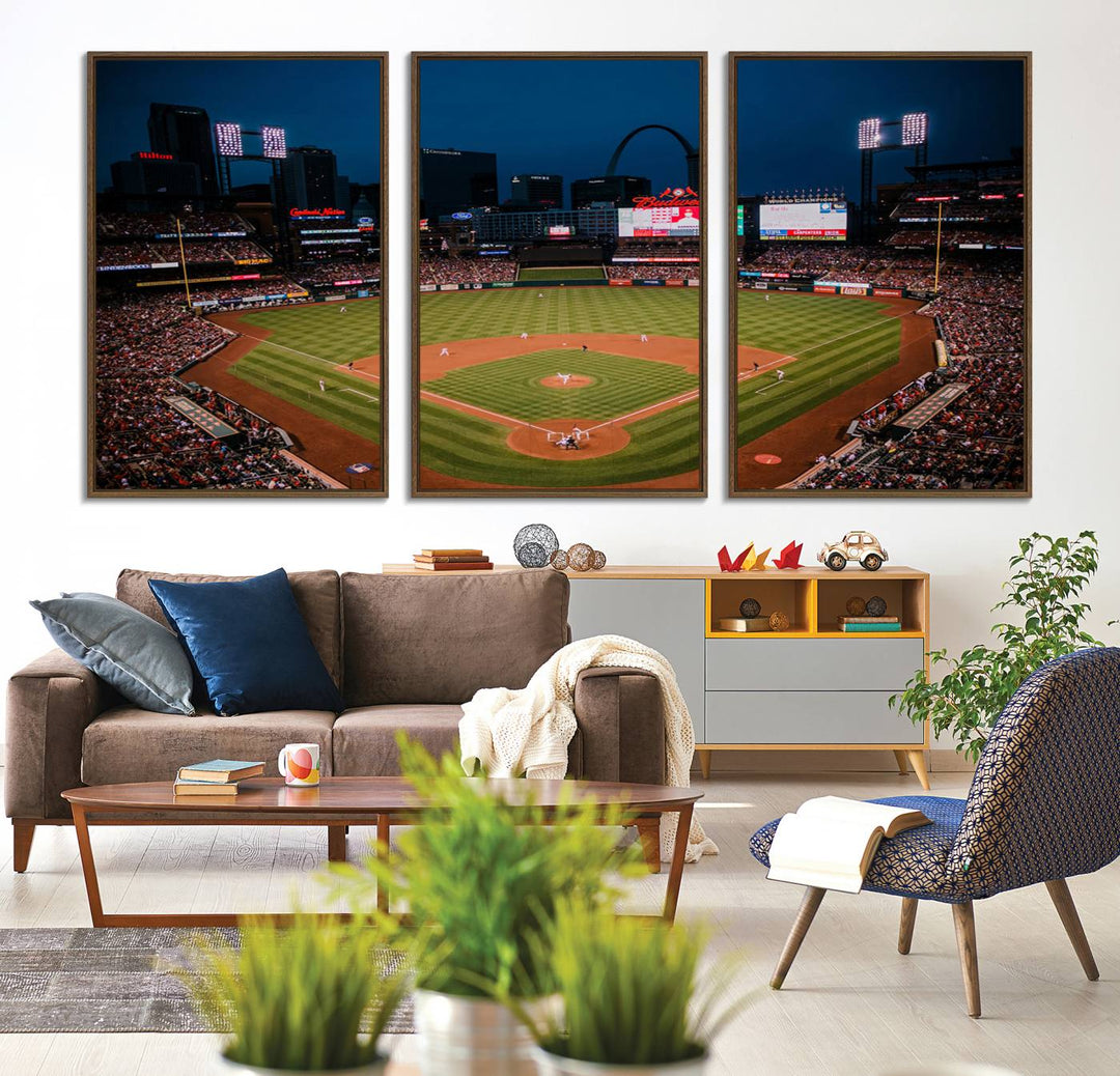 A St. Louis Cardinals Baseball Team print of Busch Stadium at night adorns the wall.