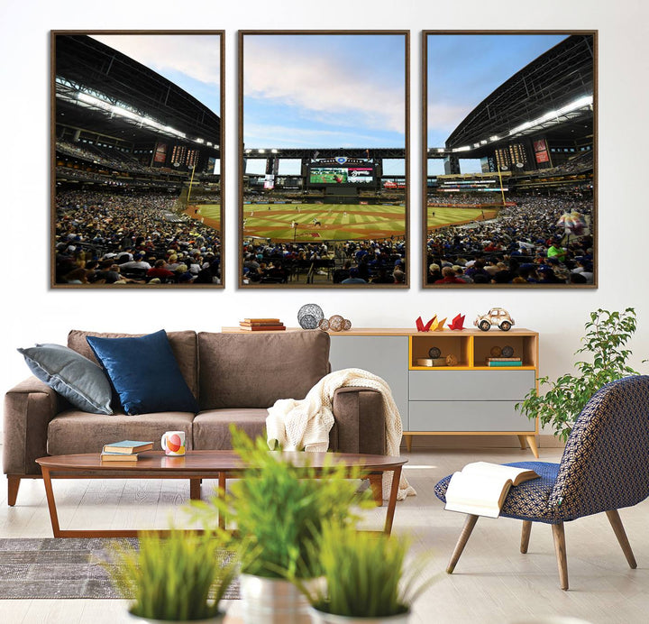 The wall art is an Arizona Diamondbacks Baseball Print depicting a packed Chase Field Stadium under a clear blue sky.