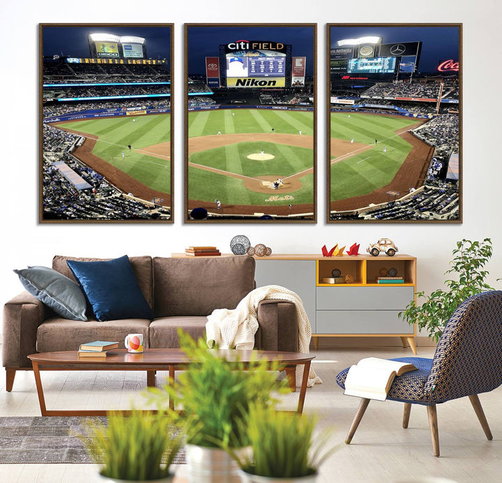 The wall is adorned with a 3-panel Citi Field Wall Art Print, framed for sports-themed decor.