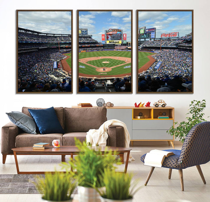 A wall art piece featuring a New York Mets Baseball Team print of Citi Field during a thrilling game under a blue sky.