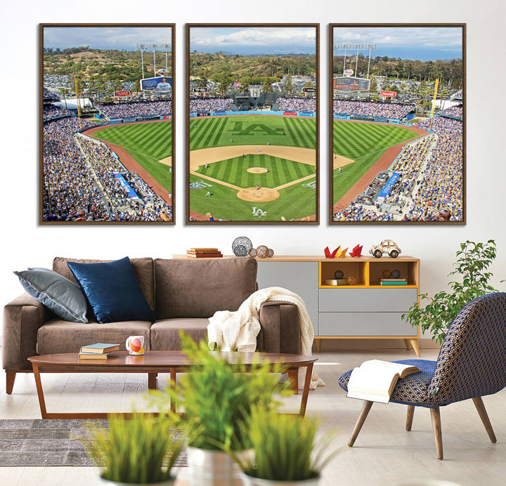 Aerial view of a sunny game day at Citi Field, captured in a 3-panel canvas print wall art.