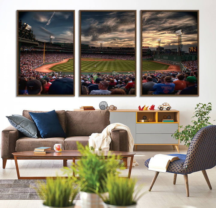 Boston Red Sox canvas print of Fenway Park at sunset, ideal for sports fans.