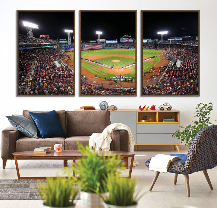 The Fenway Park Wall Art Canvas Print showcases a stunning aerial view of Bostons iconic ballpark at night, making it an ideal piece for any Red Sox enthusiast.