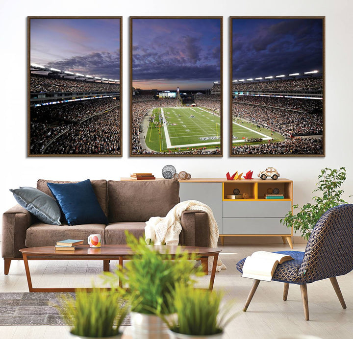 A large New England Patriots Foxborough Gillette Stadium wall art canvas print at sunset.