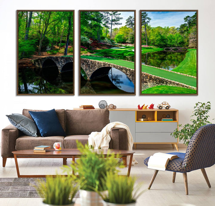 The wall art from Augusta National Golf Club showcases a panoramic bridge set against rich, lush greenery on a framed triptych canvas.