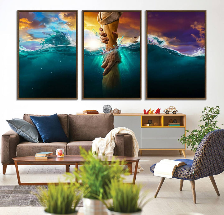 The God Hand Wall Art Canvas Print depicts hands reaching through water against a vibrant sky.