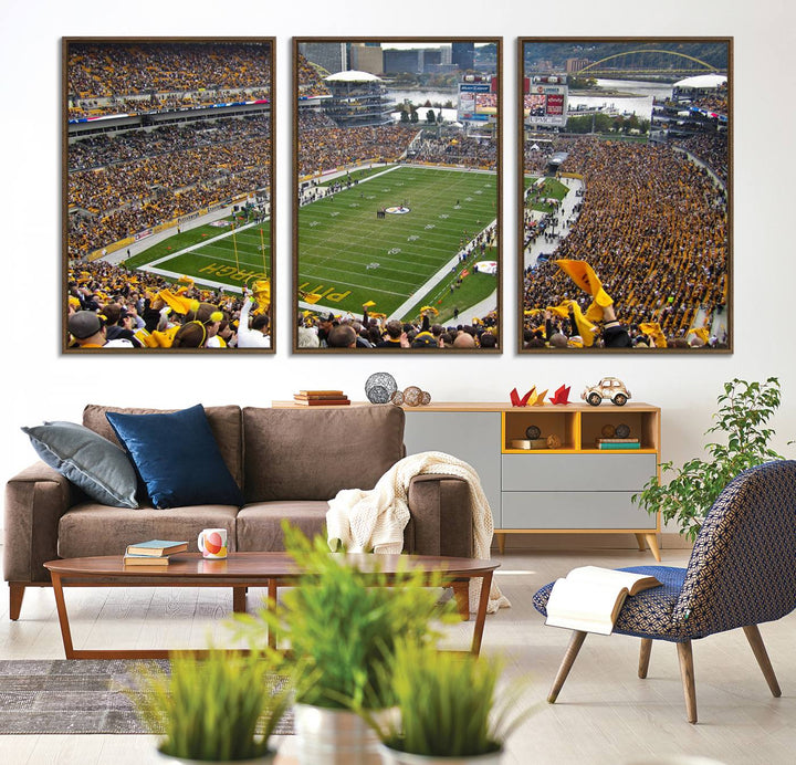 Heinz Field wall art and a cityscape serve as the backdrop.