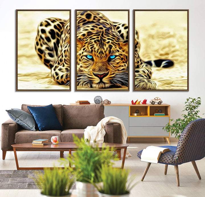 The Blue-Eyed Leopard Canvas Wall Art features a fierce and captivating design, perfect for wildlife enthusiasts. Its bold imagery makes it a striking decor piece, ready to hang.