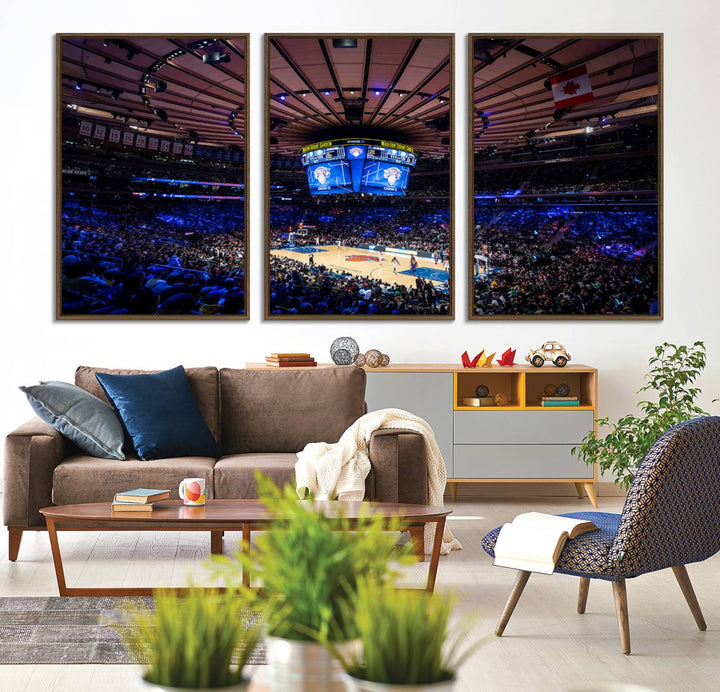 A print depicting an NBA game at Madison Square Garden, highlighting the scoreboard.