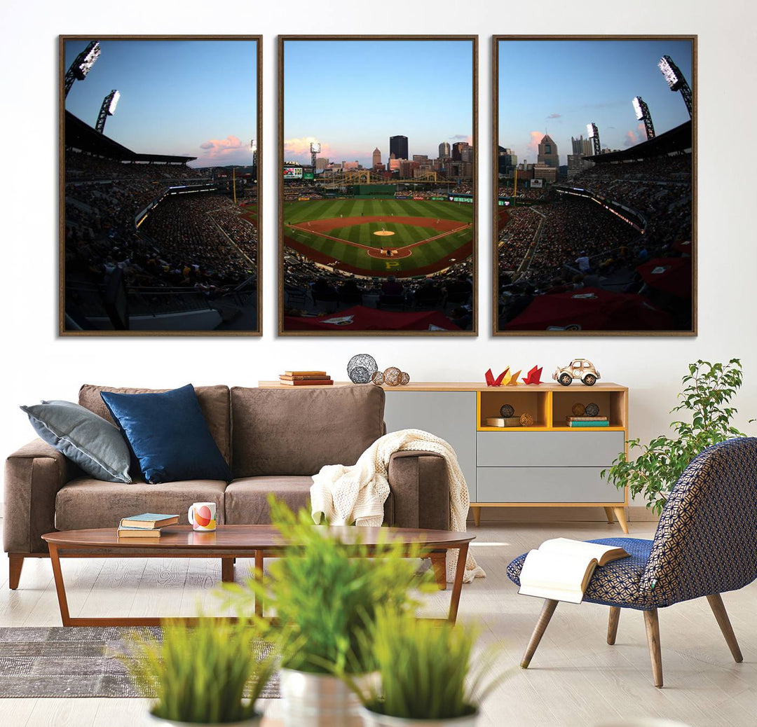 The PNC Park Evening Game Canvas, featuring a skyline backdrop, is displayed on the wall.