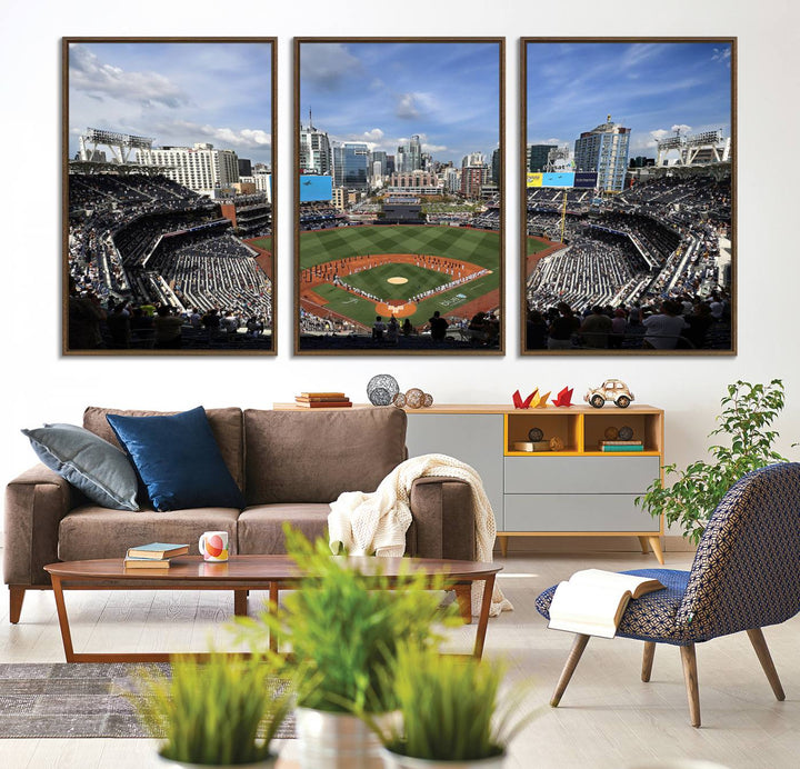 The San Diego Padres Baseball Canvas Print of Petco Park enhances the modern kitchen-dining area.