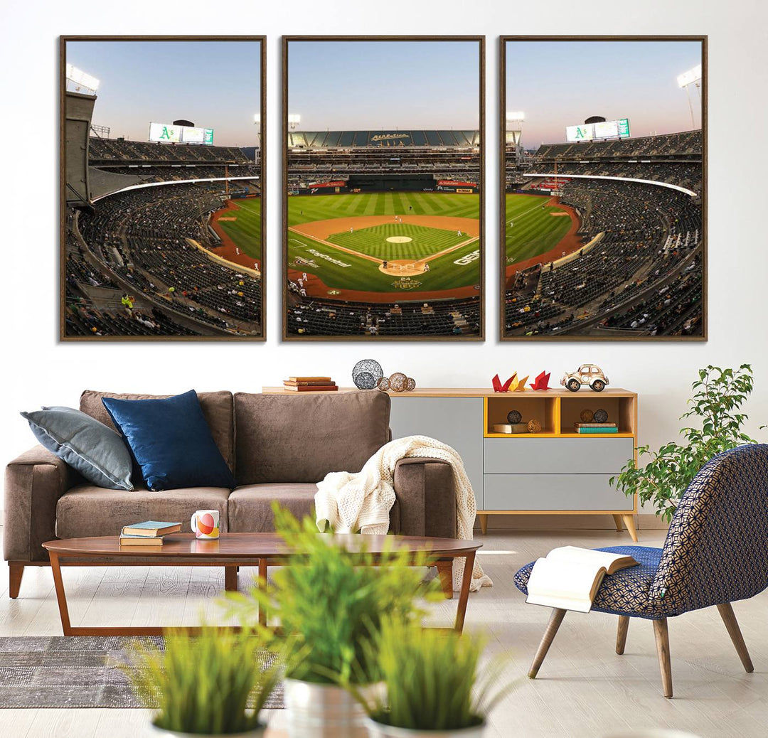 Oakland Athletics wall art canvas featuring the interior of RingCentral Coliseum Stadium.