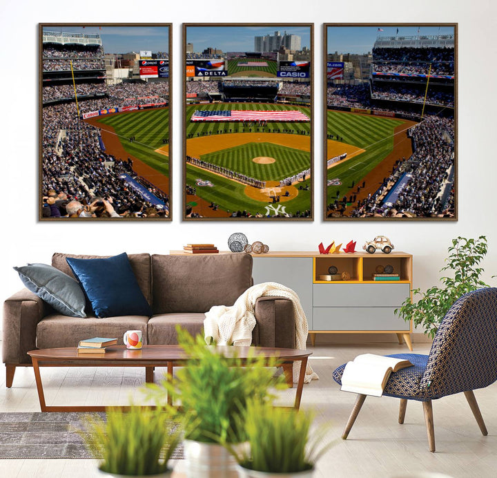 The Yankee Stadium New York wall art print features a vibrant scene of baseball fans with a large flag and players, expertly capturing the spirit of the game. This ready-to-hang décor is perfect for adding a dynamic touch to any space.