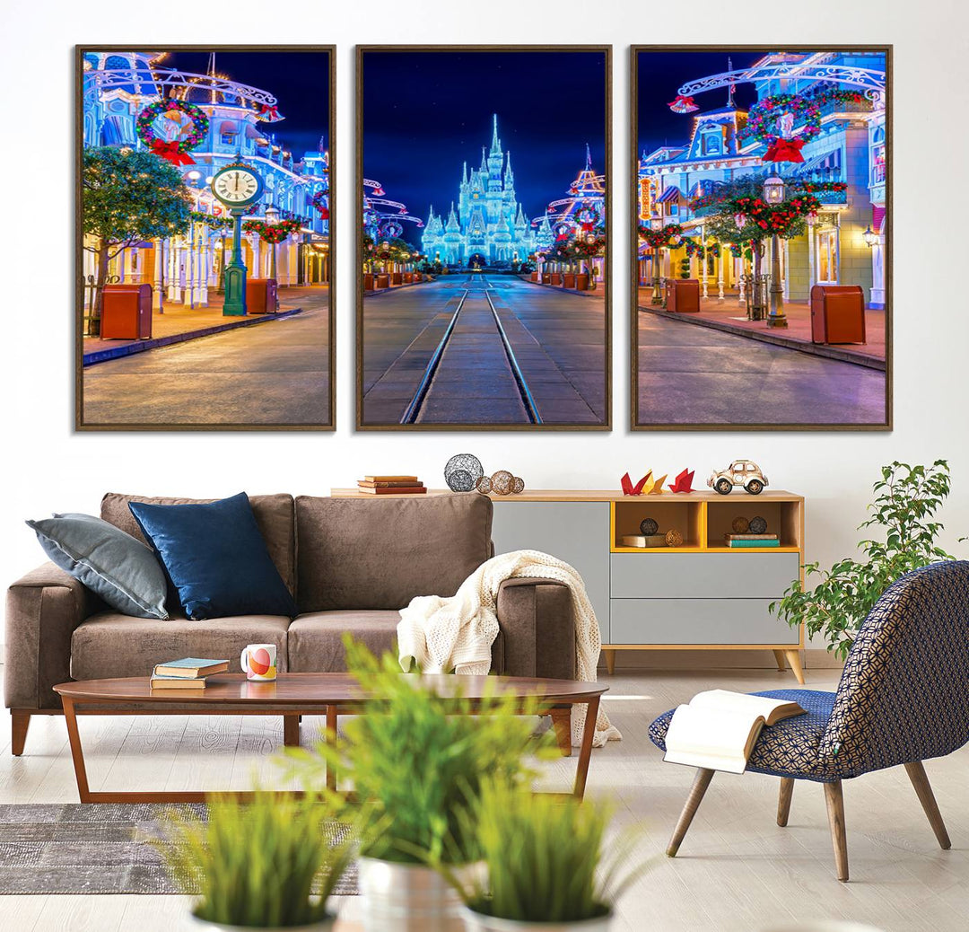 Disney wall art featuring a fantasy castle street at night.