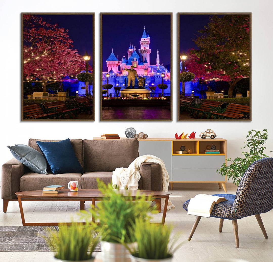 The Castle Large Wall Art is surrounded by illuminated trees at night.