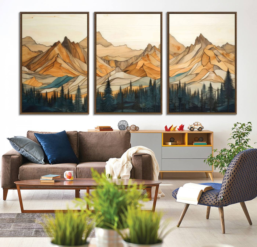 A triptych giclee print of mountains decorates the wall above the counter.