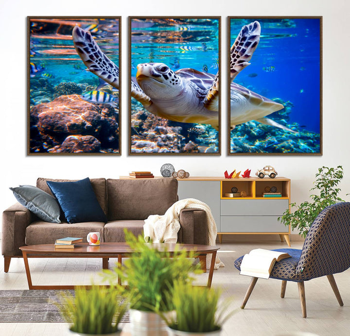 The Underwater Sea Turtle Wall Art Canvas Print serves as vibrant ocean décor, enhancing the kitchen with its stunning depiction.