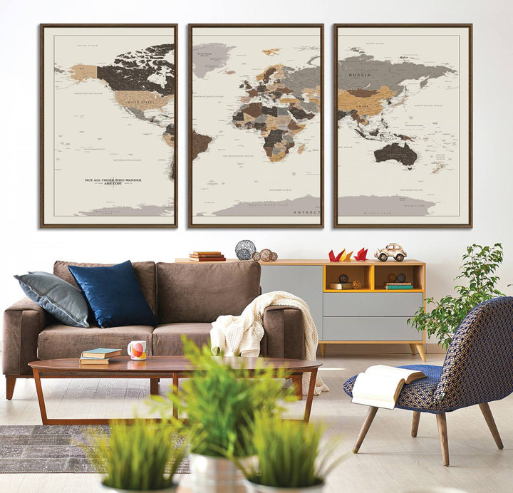 Antique-style world map canvas print with Not all those who wander are lost, perfect for vintage decor.