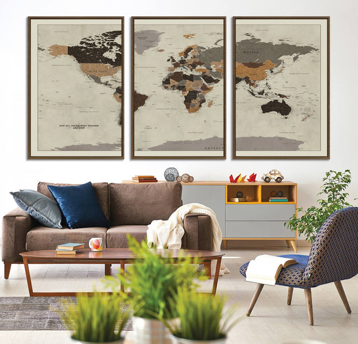 A vintage world map on beige canvas, featuring countries in brown and black shades.