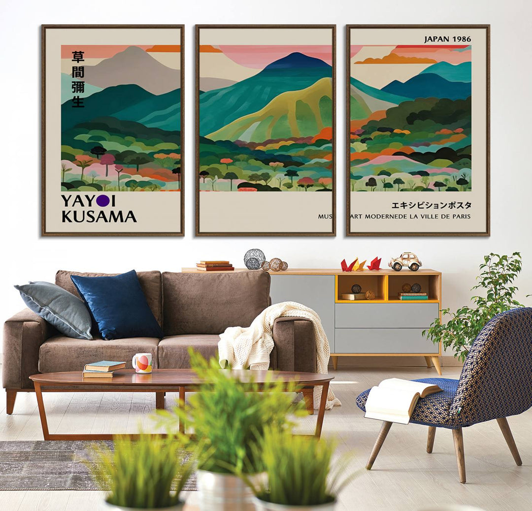 Vibrant Kusama landscape canvas featuring floral mountains and botanical decor, ideal for a modern home.