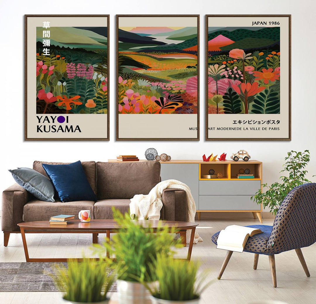 Yayoi Kusamas Landscape Canvas Print with vibrant floral mountain art adorns the wall.