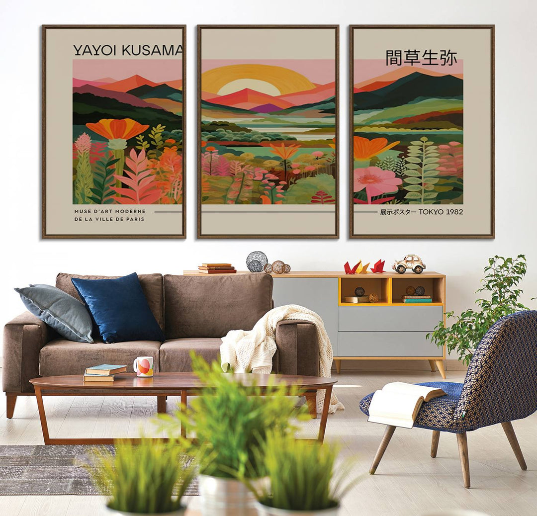 A Yayoi Kusama landscape print and an antique world map enhance the dining area.