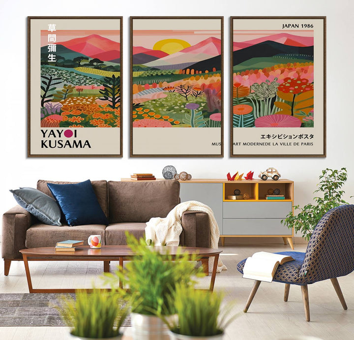 The wall art includes a vintage world map and Yayoi Kusamas colorful landscape.