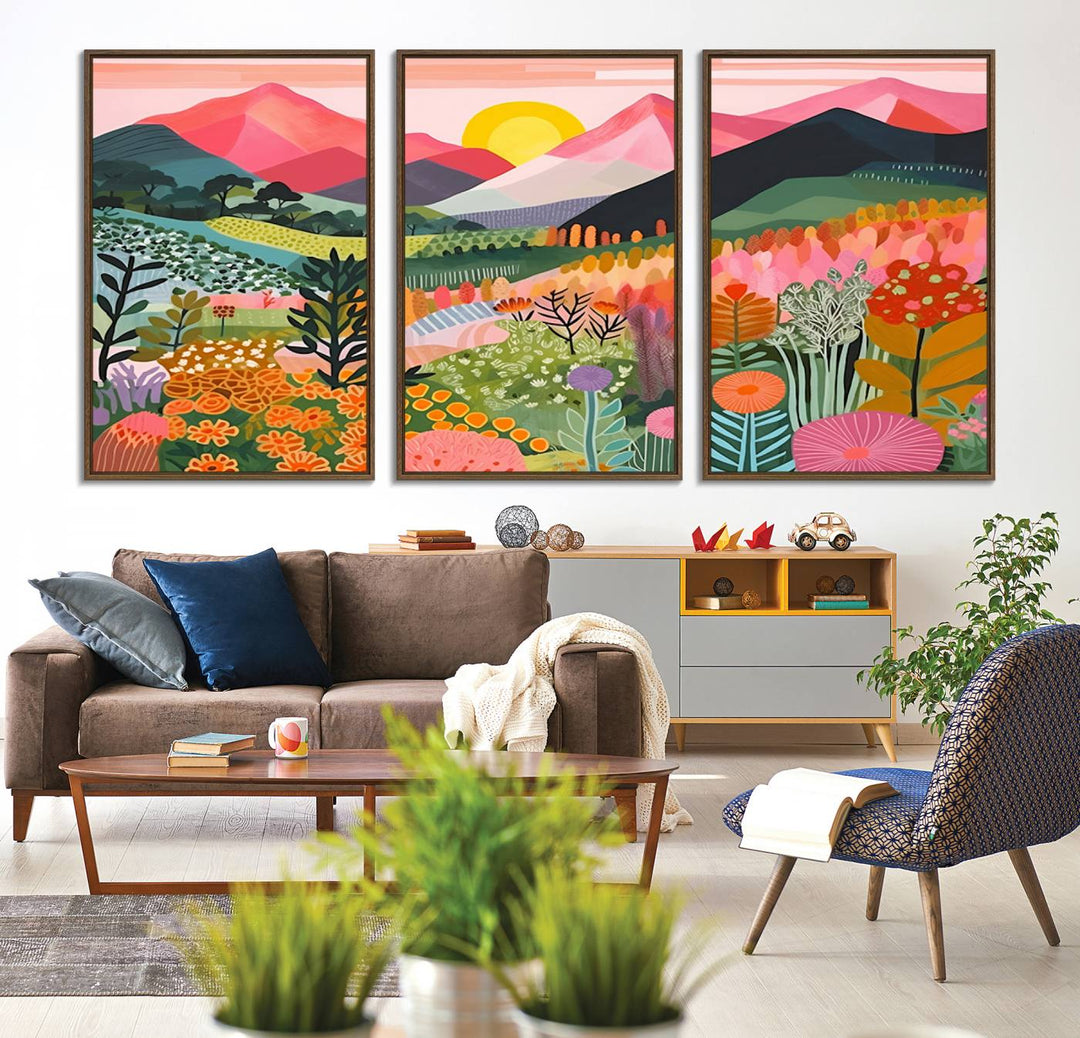 Vibrant abstract landscape canvas: Yayoi Kusama 1986 wall art print featuring mountains, sun, and flowers. Ready-to-hang.