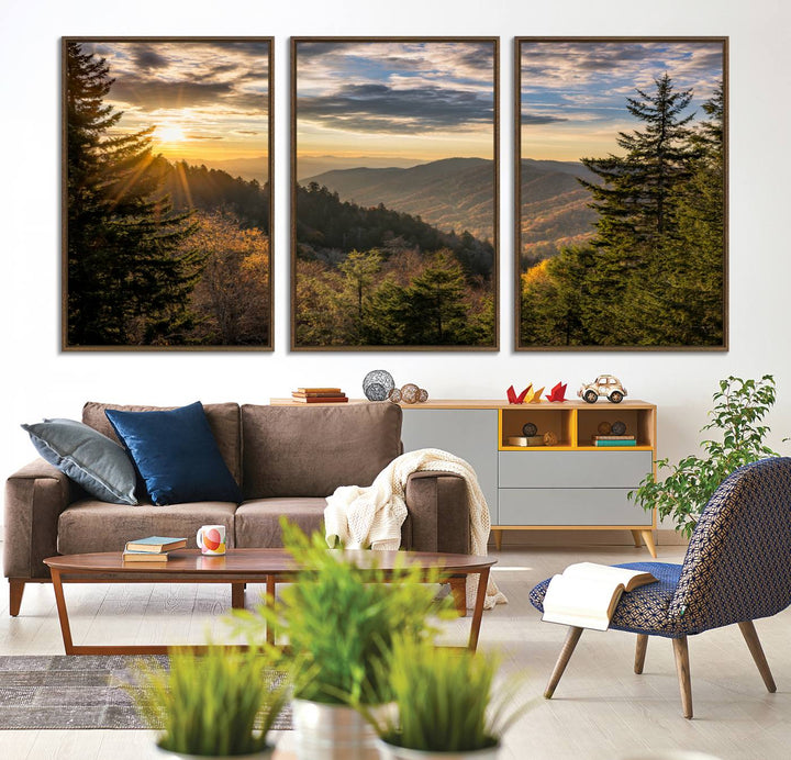 A triptych canvas titled Sunrise Over the Smoky Mountains adorns the wall.