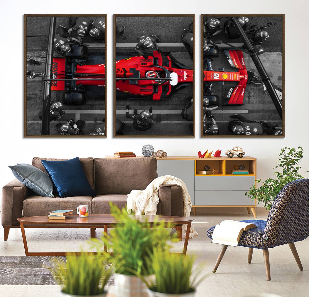 Ferrari Pit Stop Canvas Wall Art displayed prominently in the living room.