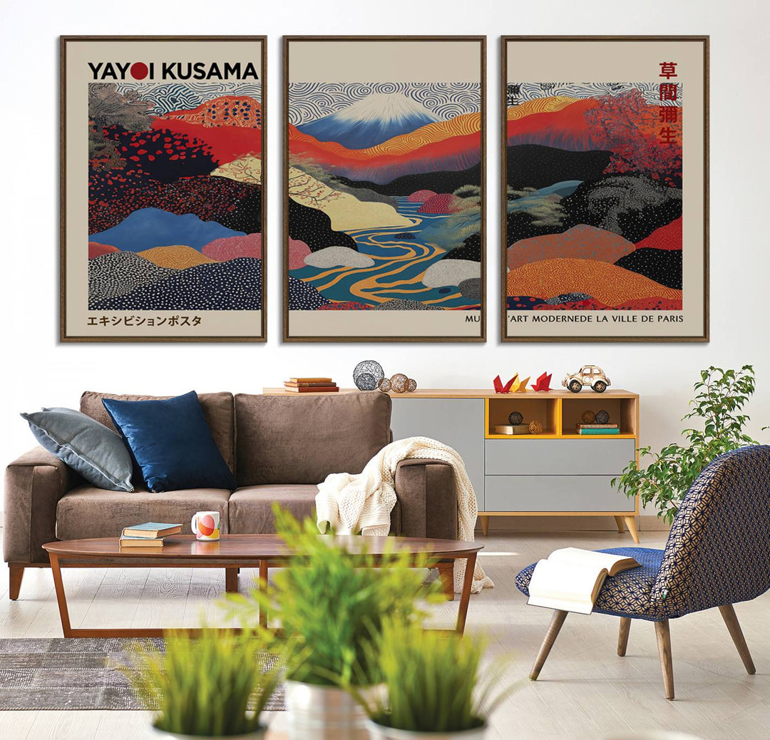 The room showcases Kusamas 1986 vibrant abstract landscape wall art print.