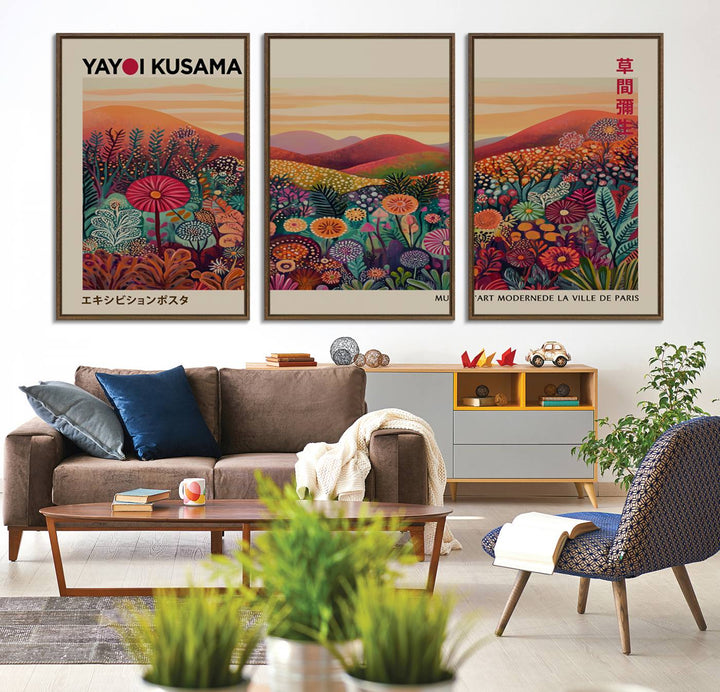 A framed Yayoi Kusama abstract landscape art print adorns the wall.