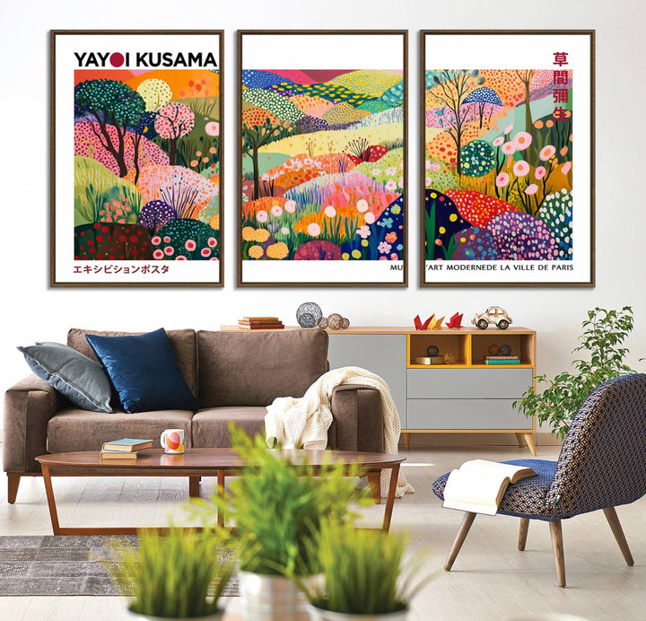 The Framed Yayoi Kusama 1986 Wall Art Print enhances the space.