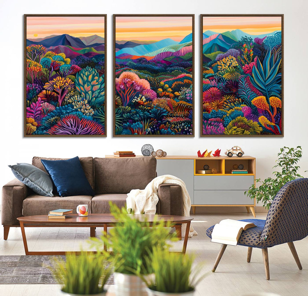 A colorful abstract wall art print canvas adorns the space.