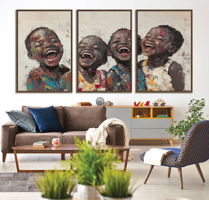 This Shai Yossef Print - Joyful Childhood Canvas Wall Art is an expressive impasto painting of laughing children. As framed abstract art for your living room, it adds a touch reminiscent of Shai Yossef's unique style to any living space.