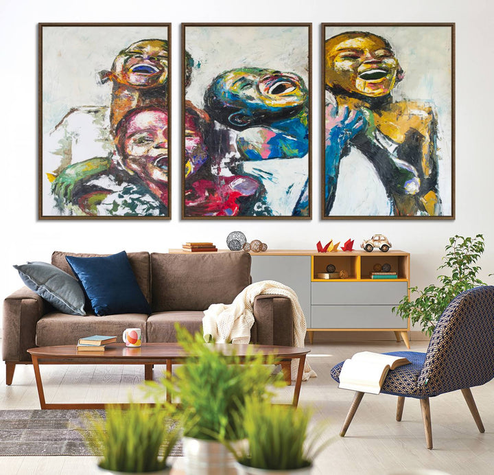 A multi-panel decor piece titled "Joyful African Black Kids" by Shai Yossef features a vibrant impasto painting of four children laughing and is elegantly displayed as premium canvas wall art.