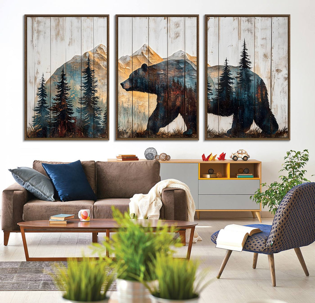 Grizzly 399 Wall Art triptych features a serene mountain scene.