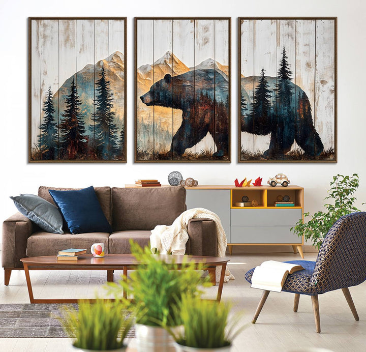 Grizzly 399 Wall Art triptych features a serene mountain scene.