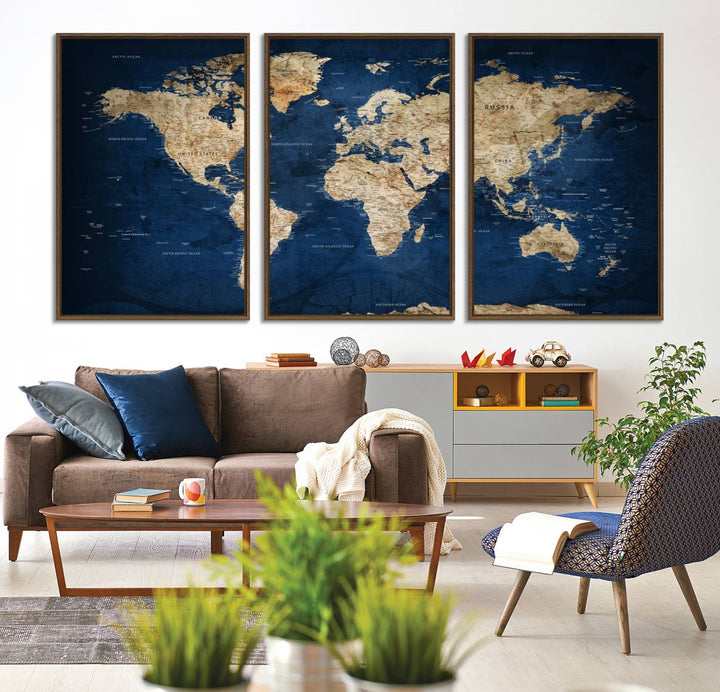 A personalized world map canvas print hangs above.