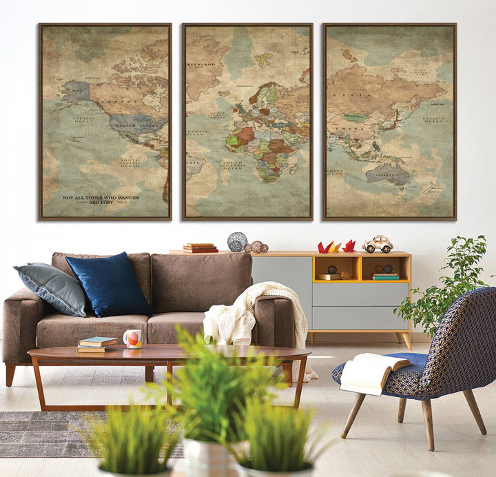 A Personalized World Map Canvas Print in vintage style enhances the setting with its artistic charm.