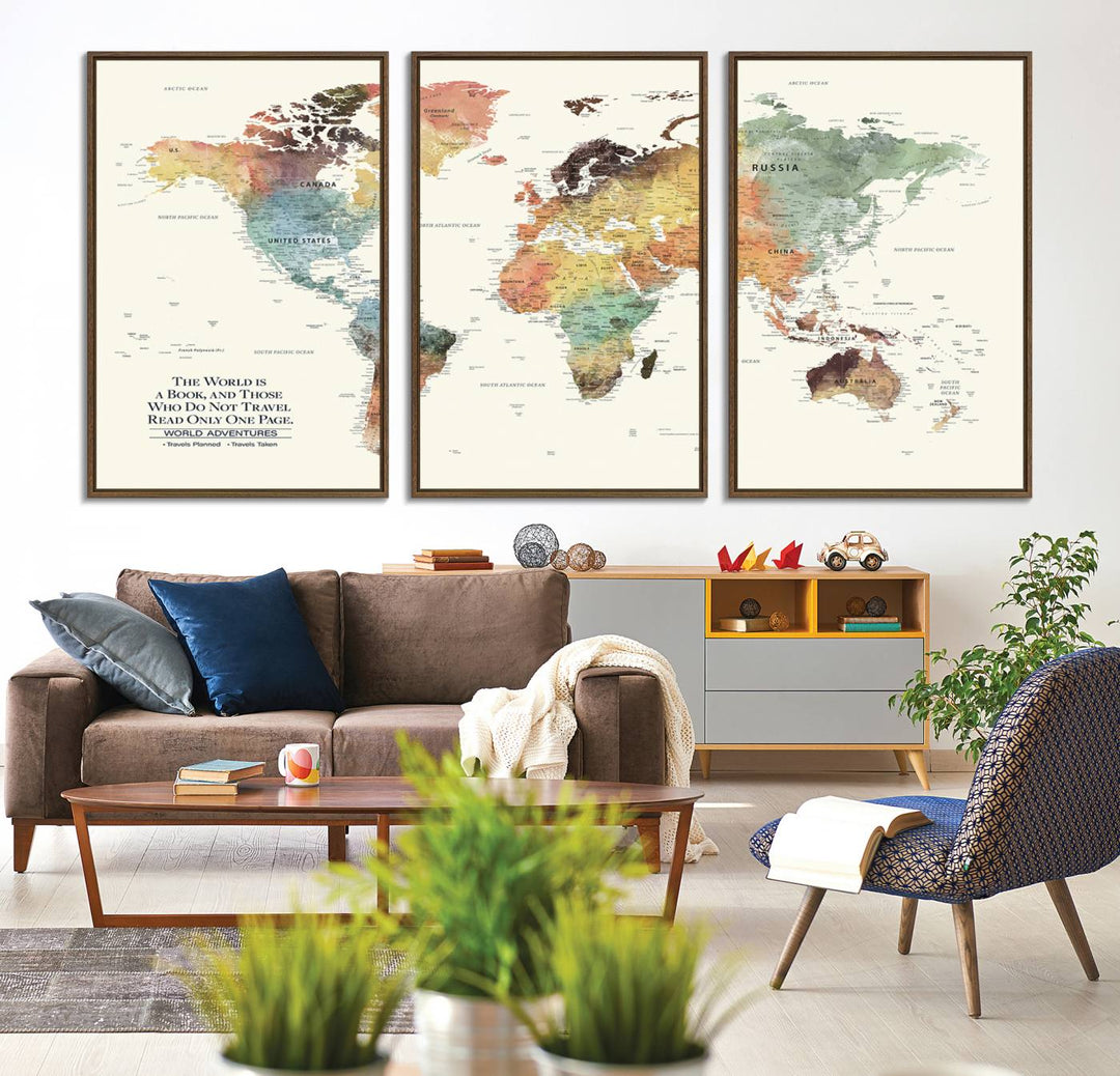 A colorful Personalized World Map Canvas Print, ideal as wall art for living room or office.