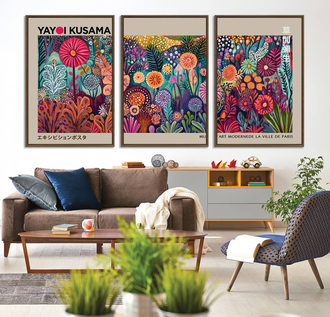 A vibrant Yayoi Kusama Wall Art Canvas Print is held on a porch.