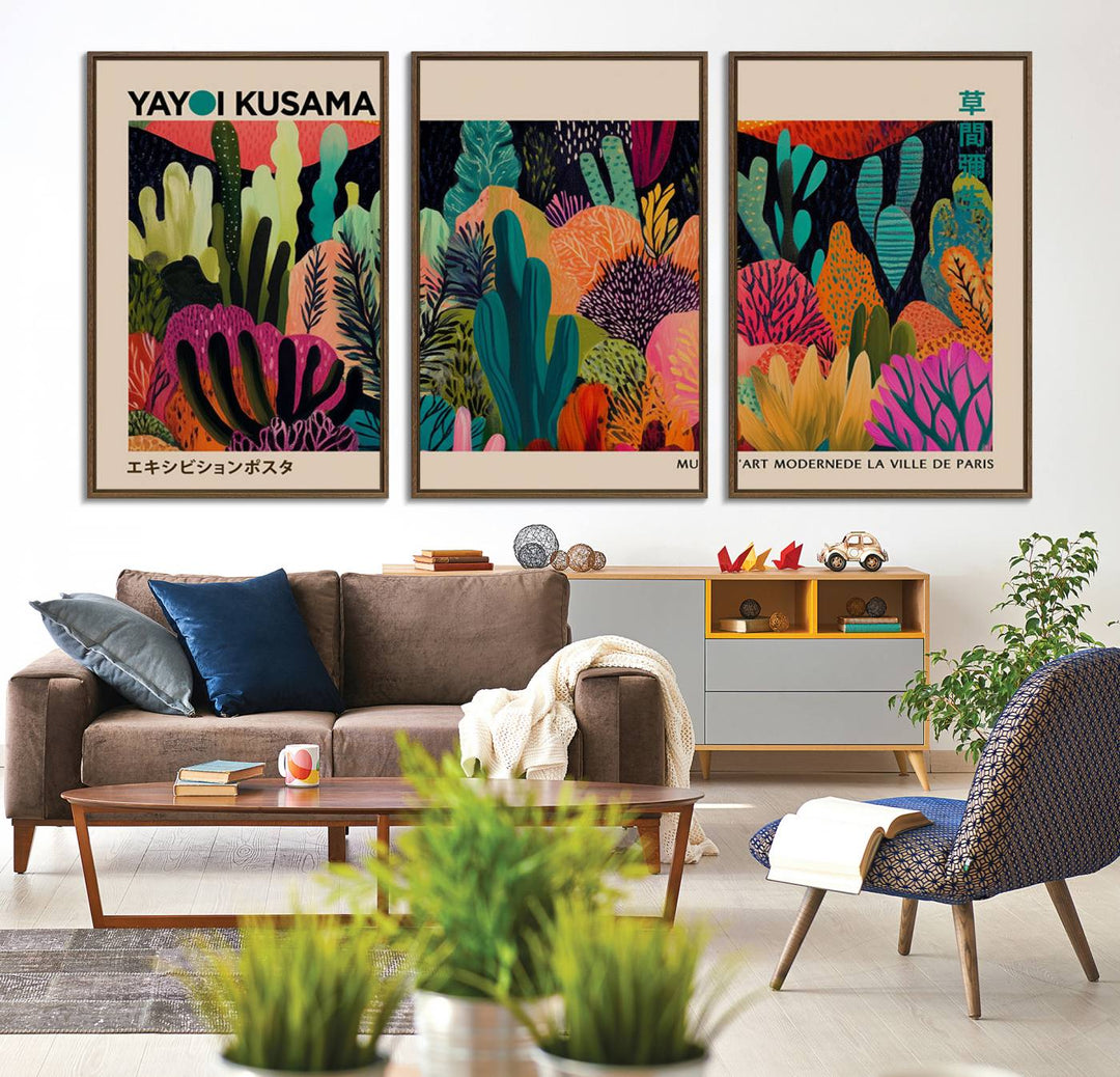 A vibrant Yayoi Kusama Wall Art Canvas Print showcases intricate abstract flora on a light background.