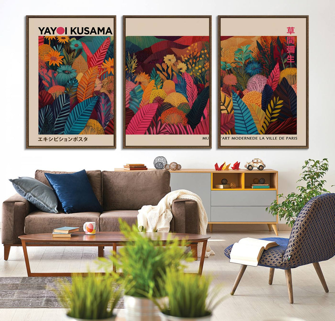 The Yayoi Kusama Inspired Wall Art Canvas Print features colorful flowers and foliage, presented with a premium canvas and gallery-quality finish.