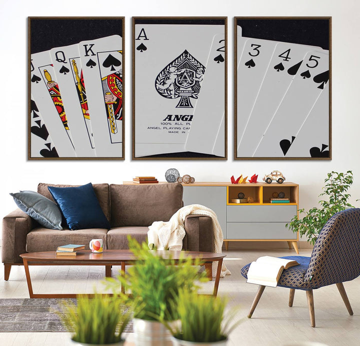 The Poker Wall Art - Playing Cards Canvas Wall Art Print features an Ace of Spades and Royal Flush design. This piece adds a classic charm to any space with its subtle emphasis on the Ace of Spades, making it perfect for game room decor.