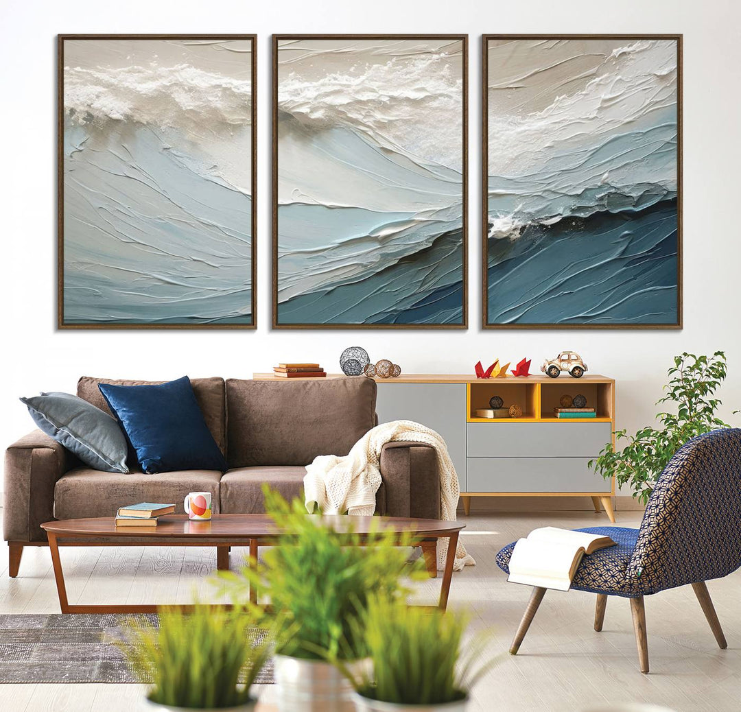 Waves Abstract Wall Art Print displayed on a porch with white siding.