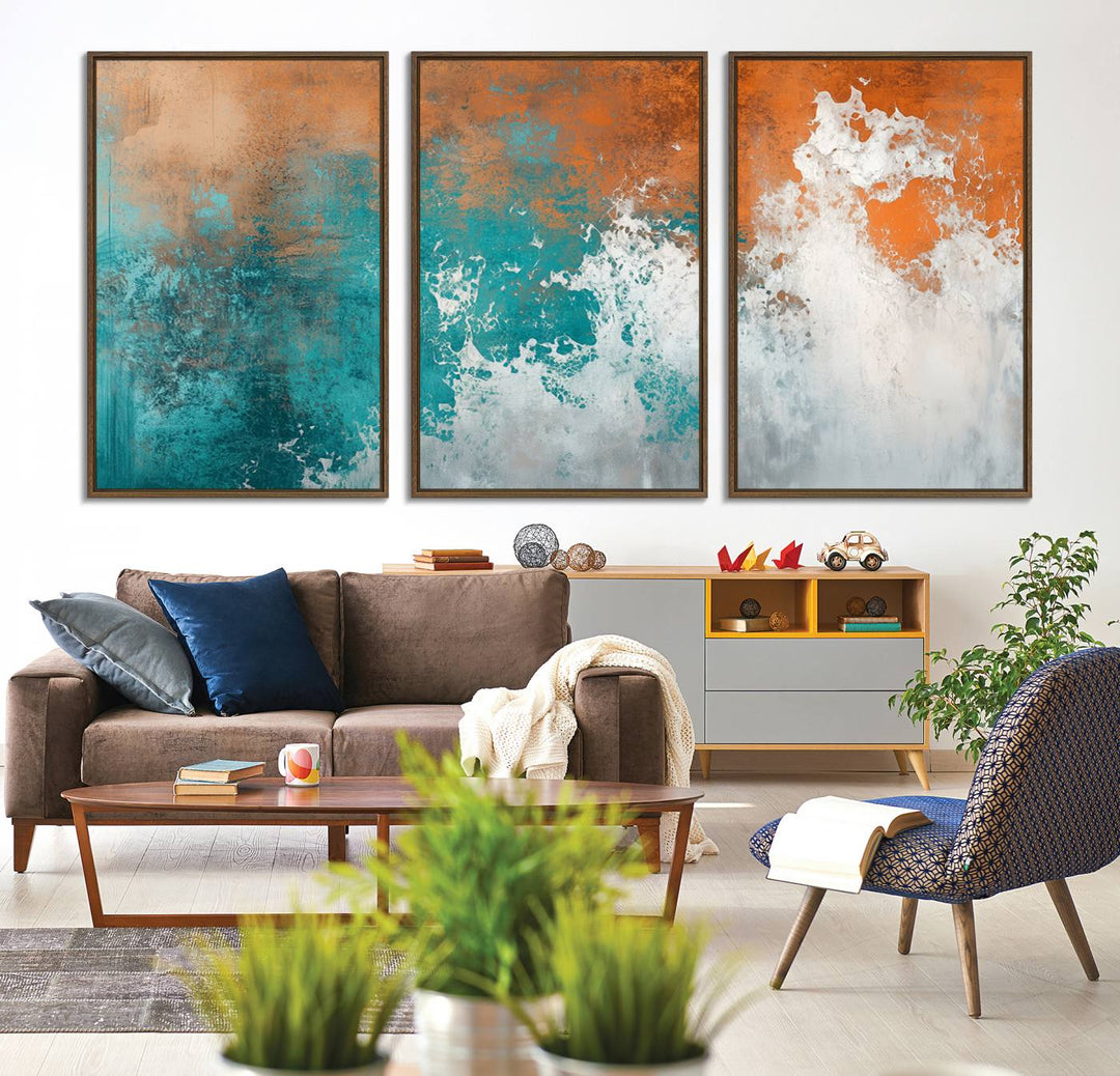 The Vintage Abstract Print - Bold Teal and Orange Canvas Wall Art is displayed on a porch.