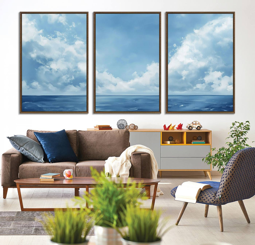 Abstract Ocean Print - Serene Blue Canvas displayed on a porch featuring minimalist decor.