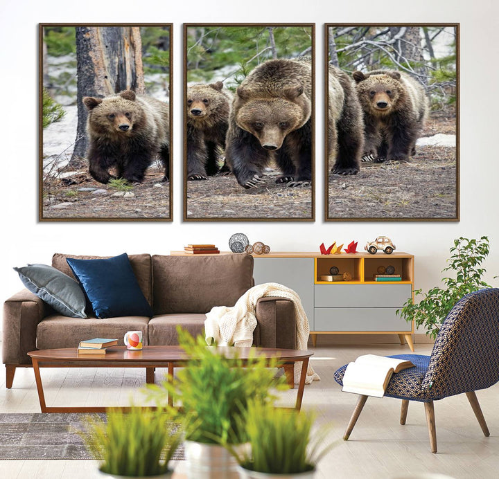 The wall art, a breathtaking canvas print titled "Queen of the Tetons," features 399 Grizzly Bear Cubs majestically captured in a forest setting. It is printed on premium canvas and handmade in the USA.