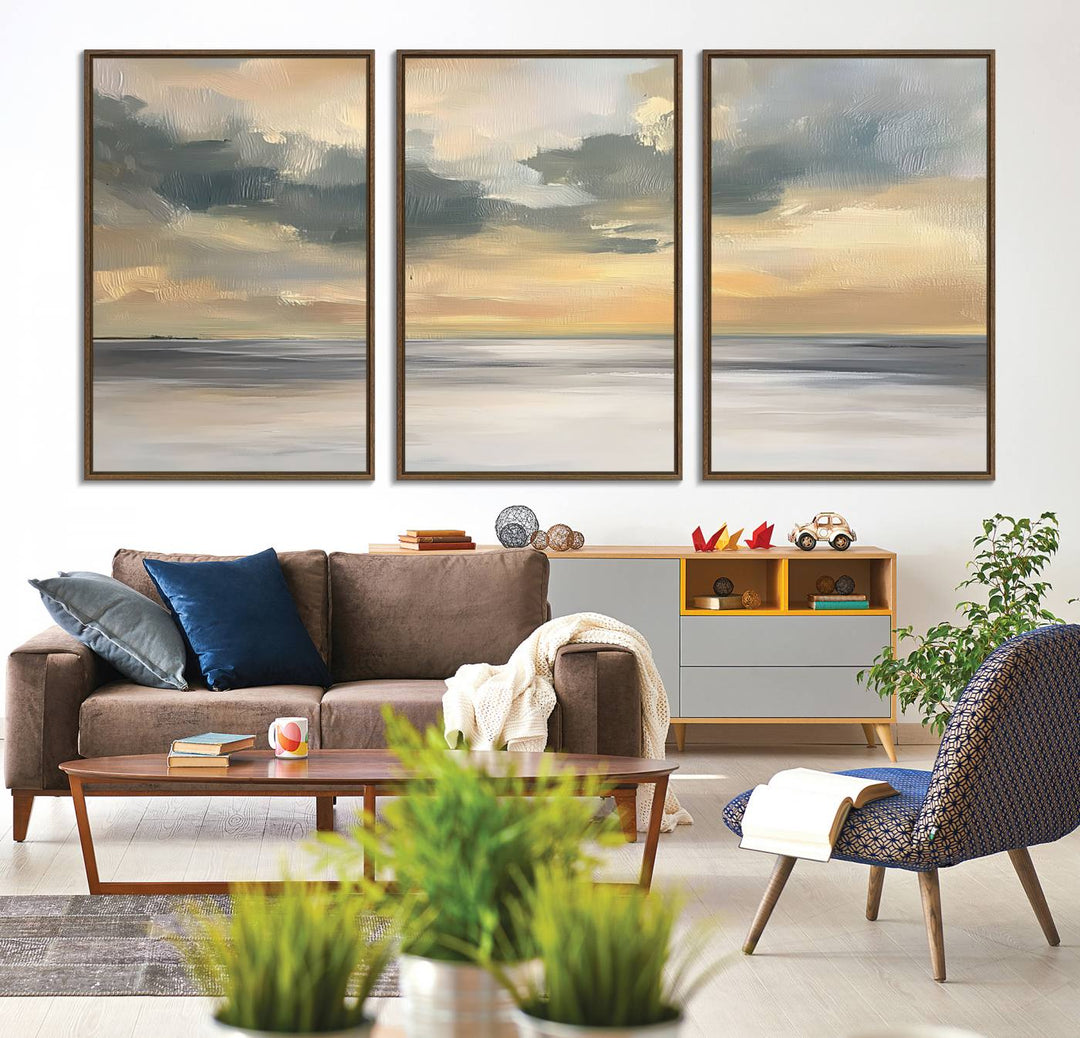 The Modern Coastal Wall Art Canvas Print features vibrant abstract ocean waves and clouds.